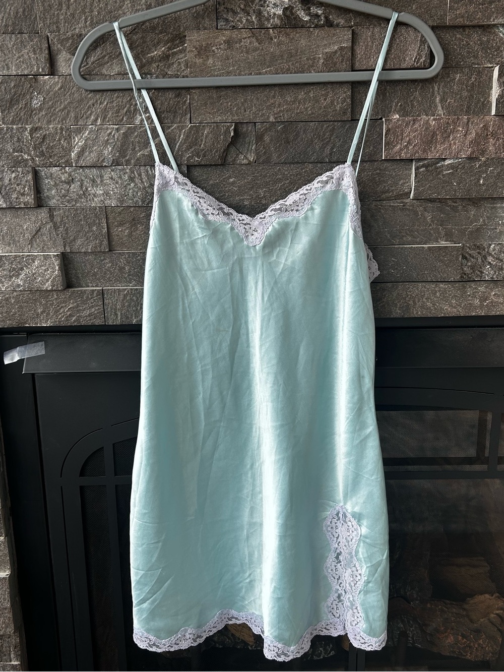 Victorias Secret Pastel Mint/Aqua Satin Chemise Slip Dress with Lace Trim